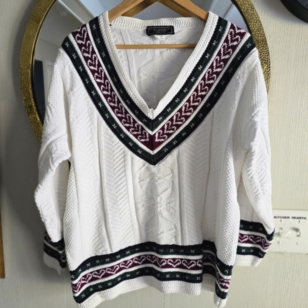 Vintage White Cotton Knit V-Neck Sweater Intarsia Teal & Magenta ♡ Accents NAS L